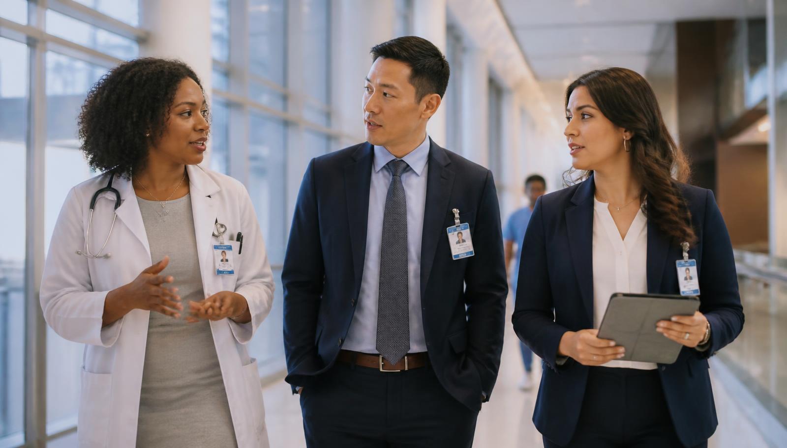 Diverse group of physician and healthcare executive leaders in a modern medical center