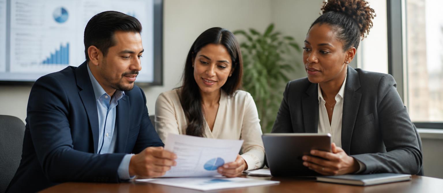 Three diverse healthcare business partners reviewing documents together in a modern office